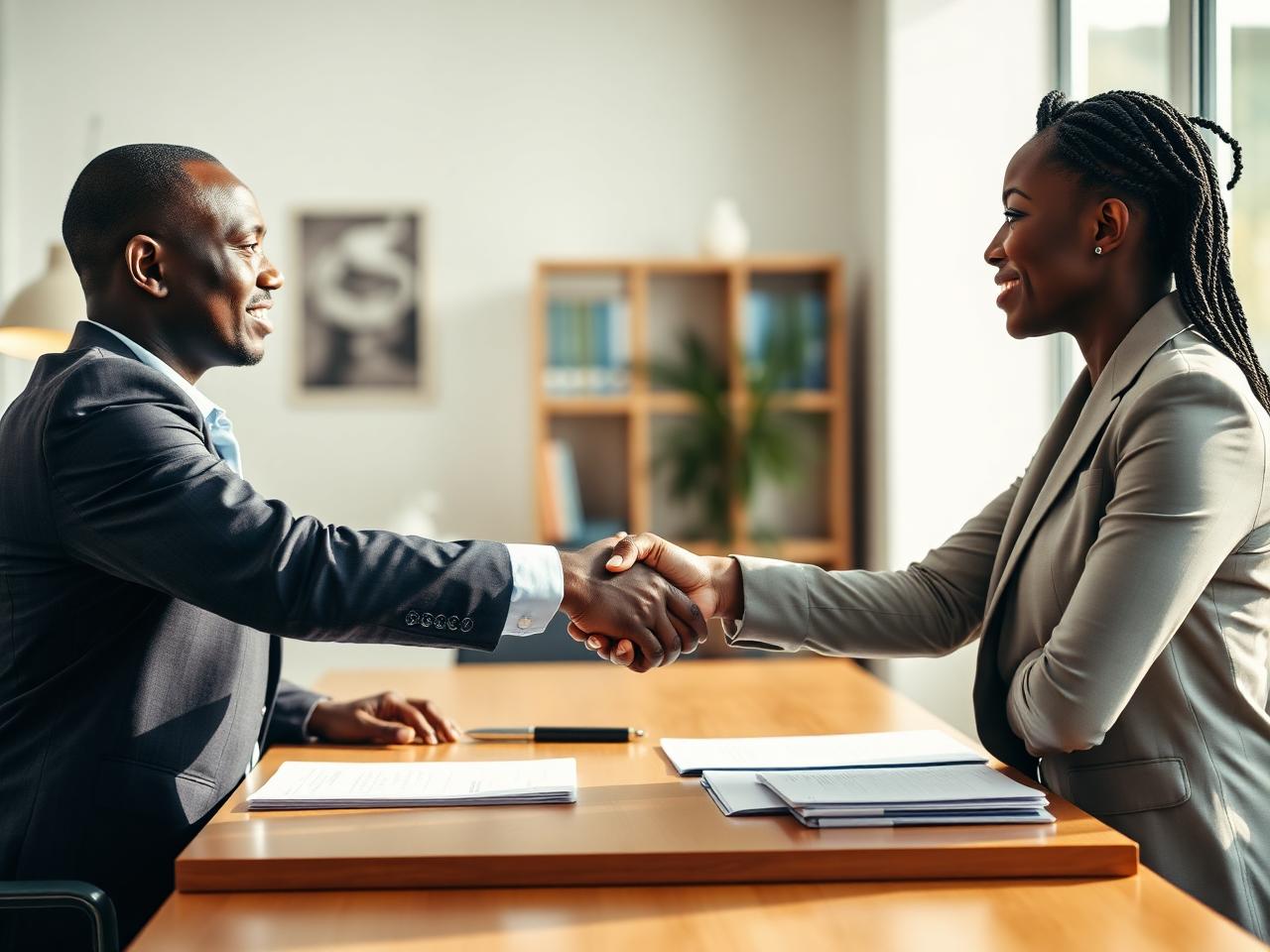 Two business people settling a dispute across a desk
